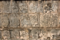The temple of skulls has walls with relief carvings of human skulls