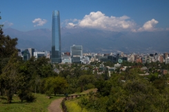 panoramic view of Santiago from on of the metropolitan park trails, the building in the background is tallest in South America and is the Costenero Center